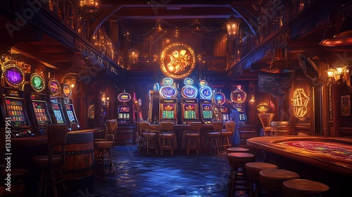A grand Wild West saloon with slot machines shaped like wooden barrels, their reels glowing with images of poker hands, cowboy boots, and golden horseshoes. An old oil lantern flickers nearby,