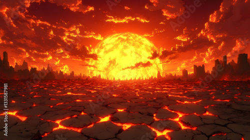 Fiery Sunset Over a Molten Land