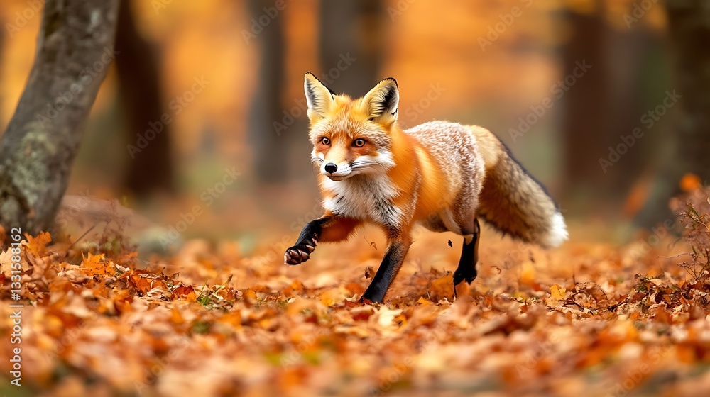Obraz premium Red Fox Running Through Autumn Leaves