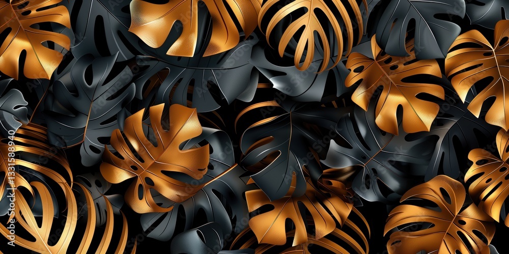 Dark gray black and gold Monstera leaves in a luxurious horizontal wallpaper, stylish botanical pattern with a modern and elegant touch