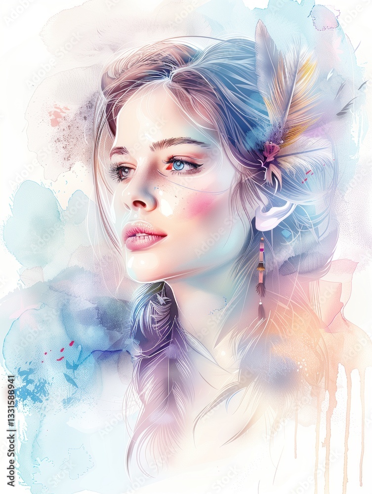Delicate watercolor portrait of a young woman with blue, orange, and purple tones, featuring soft feathers in her hair, refined and artistic, subtle pastel washes on a white background