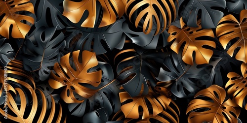 Obraz na płótnie Dark gray black and gold Monstera leaves in a luxurious horizontal wallpaper, stylish botanical pattern with a modern and elegant touch w salonie