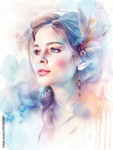 Delicate watercolor portrait of a young woman with blue, orange, and purple tones, featuring soft feathers in her hair, refined and artistic, subtle pastel washes on a white background