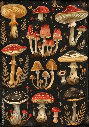 Obraz na płótnie Elegant poster of mushrooms on a black background, soft brown and cream colors w salonie
