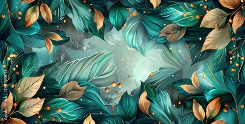 Horizontal background of large turquoise teal and golden leaves, elegant and beautiful, with space in the center for text, magical, well-defined, designed for posters and graphic design