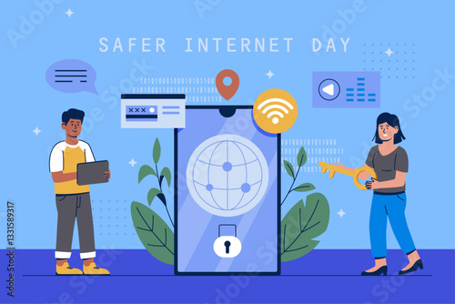 Flat illustration celebrating International Internet Day, featuring icons representing cybersecurity, email, coding, e-commerce, and navigation. The background includes emphasizing the digital theme.
