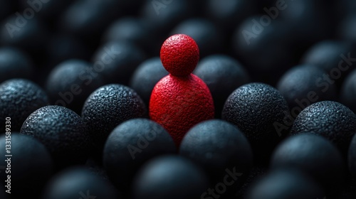 A bold red figure stands out amidst the dark uniformity of others, showcasing individuality