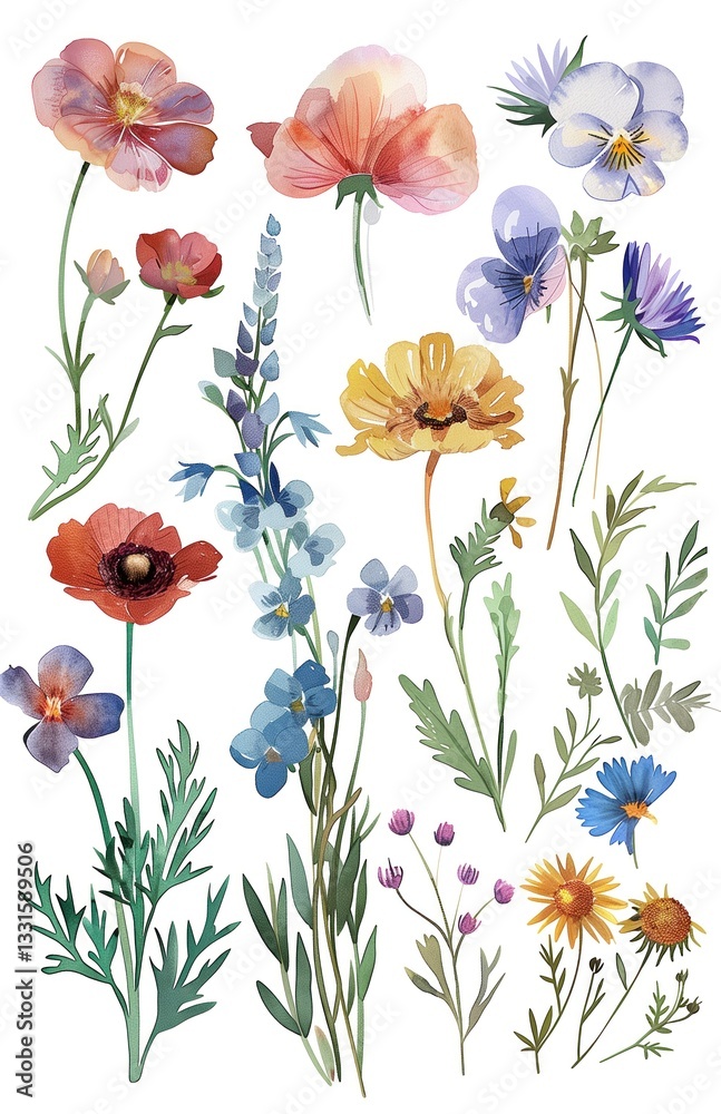 Watercolor illustration on white paper of different hand-painted flowers poppies, blue flowers, purple flowers