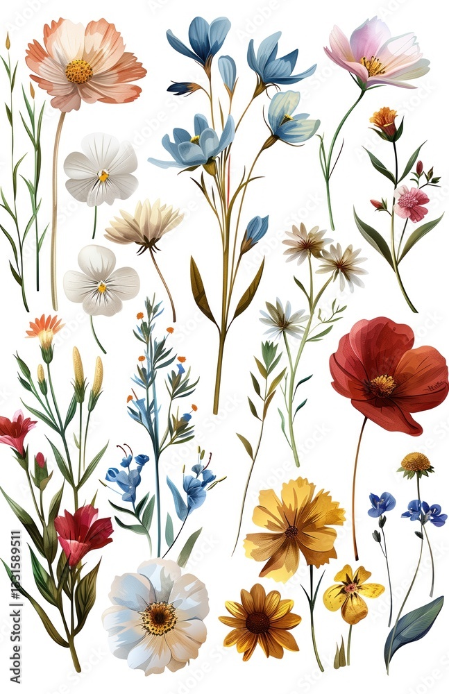 et of hand drawn watercolor wildflowers in a clipart style on a white background, with pastel colors and detailed designs in high resolution and definition