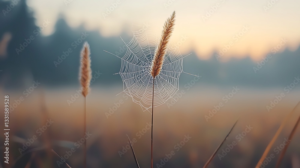 Fototapeta premium Dew-kissed Web for Autumn Meadow Dawn.