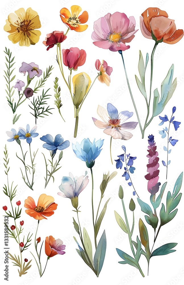 Watercolor illustration on white paper of different hand-painted flowers poppies, purple flowers, variety of plants