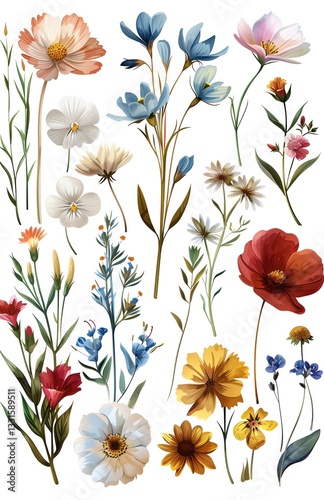 Obraz na płótnie et of hand drawn watercolor wildflowers in a clipart style on a white background, with pastel colors and detailed designs in high resolution and definition w salonie