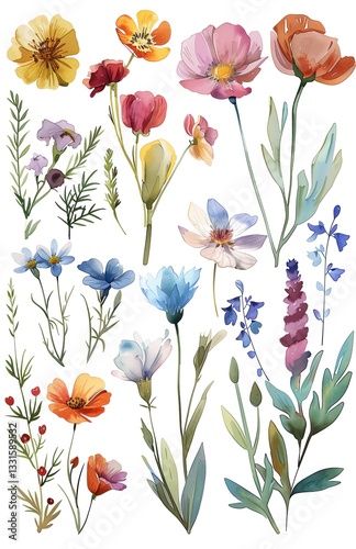 Obraz na płótnie Watercolor illustration on white paper of different hand-painted flowers poppies, purple flowers, variety of plants w salonie