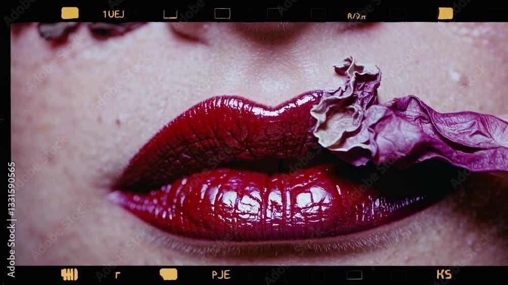 Close up of a woman's lips with dark red lipstick holding a dried purple flower between them, presented as a series of six sequential frames