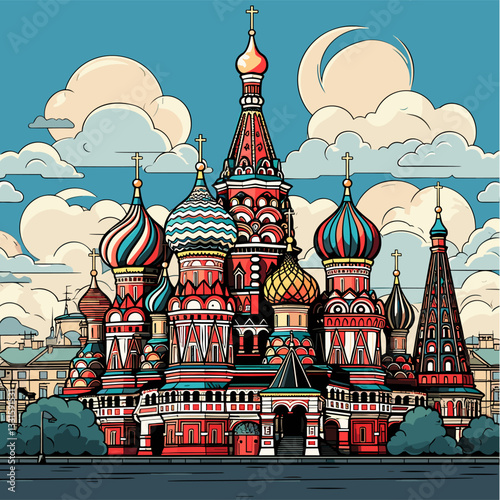 Saint Basil's Cathedral hand-drawn comic illustration. Cathedral of Vasily the Blessed. Vector doodle style cartoon illustration