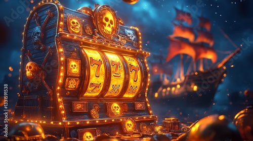 A pirate-themed slot machine glowing with golden light, its reels spinning with crossed cutlasses, treasure chests, and skull-adorned coins.