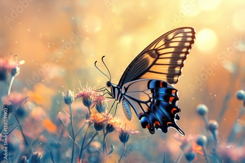 Delicate butterfly perched on vibrant flowers, basking in warm s