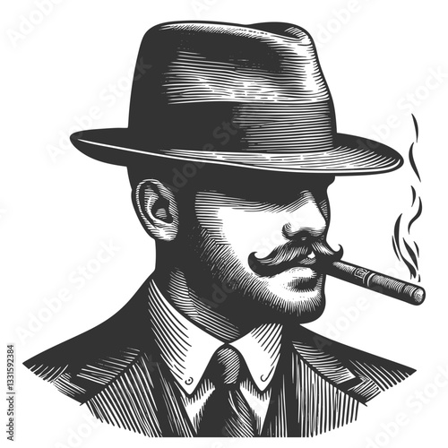 mysterious man wearing a fedora, smoking a cigar, and exuding a classic vintage gangster aesthetic sketch engraving generative ai vector illustration. Scratch board imitation. Black and white image.