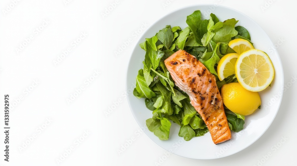 Fresh Grilled Salmon with Lemon on a Bed of Green Salad Fresh Grilled Salmon with Lemon on a Bed of Green Salad
