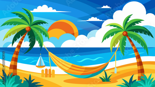 Beach Holiday Getaway Illustration Vector: Sunny Beach with Palm Trees, Hammock, and Crashing Waves in Vibrant Colors