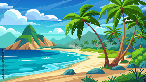 Beach Holiday Getaway Illustration Vector: Sunny Beach with Palm Trees, Hammock, and Crashing Waves in Vibrant Colors