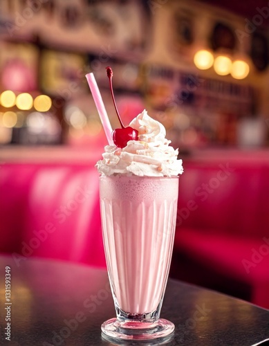 Strawberry pastel pink milkshake in a glass topped with whipped cream and a red cherry and a straw, in a vintage 1950s style diner with pink booth seats in the background