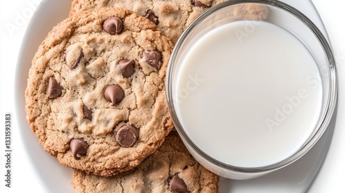Delicious Chocolate Chip Cookies with Glass of Milk on White Plate