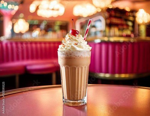 Chocolate brown milkshake in a glass topped with whipped cream and a red cherry and a straw, in a vintage 1950s style diner with pink booth seats in the background