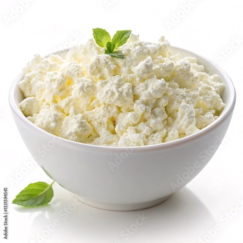Fresh Cottage Cheese in White Bowl, Soft and Creamy Dairy Product photo