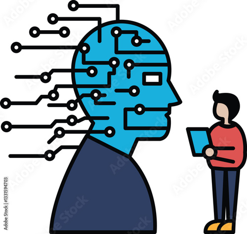 A man is standing next to a blue head with lots of wires coming out of it