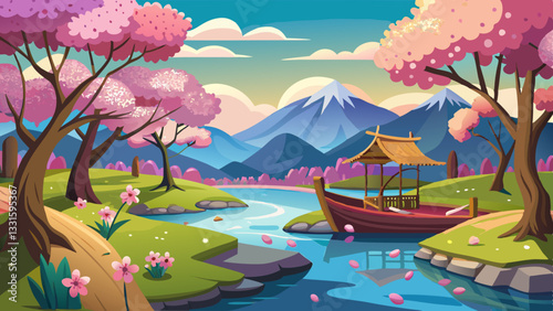 Tranquil Riverside Scene with Cherry Blossom Trees and a Small Wooden Boat Illustration Vector