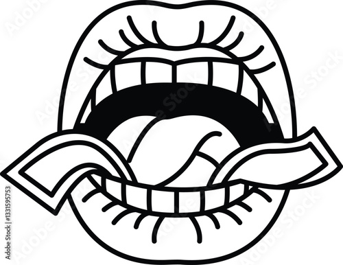 cartoon of a mouth with a tongue sticking out and a bunch of money in it