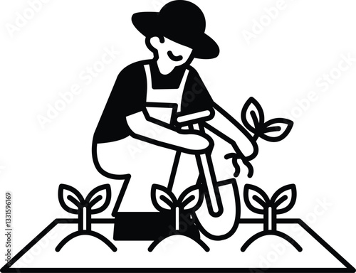 man in a overalls is digging a hole in the dirt