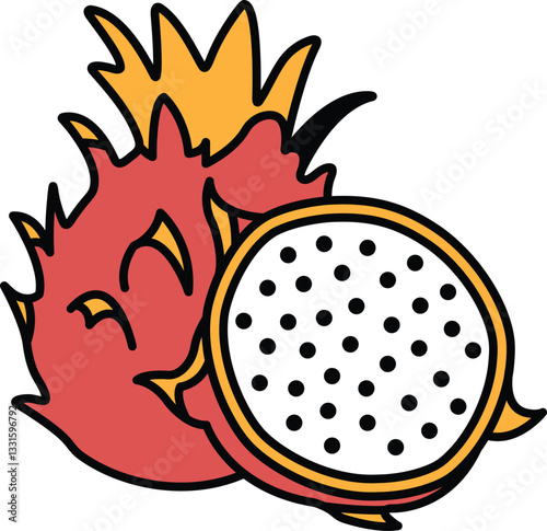 A cartoon drawing of a dragon fruit with a white background