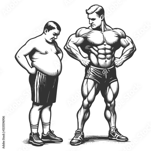 overweight man facing muscular, athletic version of himself, symbolizing fitness transformation and self-improvement sketch engraving generative ai vector illustration. Scratch board. Black and white
