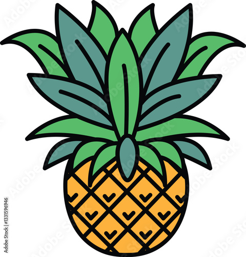 A pineapple is drawn in a cartoon style with green leaves and a yellow center