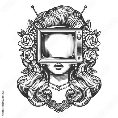 woman in a gown with a retro television set as her head, symbolizing media influence and modernity sketch engraving generative ai vector illustration. Scratch board imitation. Black and white image.