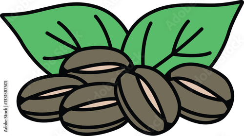 A close up of coffee beans on a leaf