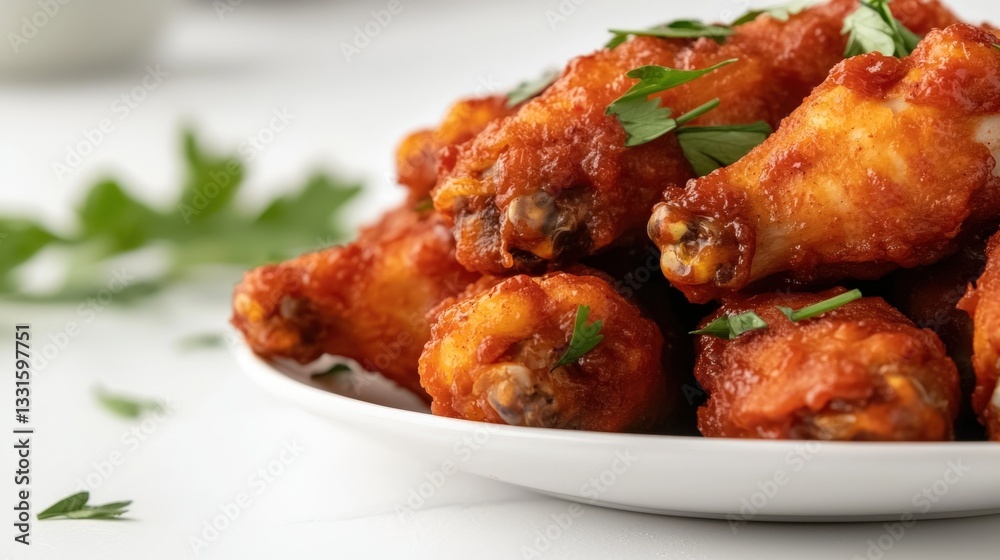 Crispy Chicken Wings Garnished with Fresh Herbs on White Plate