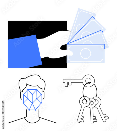 Hand holding cash, geometric face recognition pattern, and keys hanging on a ring signify themes thumbs up finance, technology, security, and access control. Ideal for identity, payment, privacy