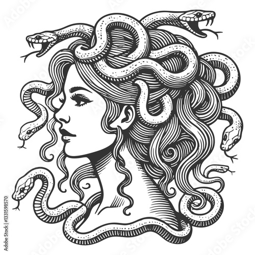 Woman with snakes on head Medusa, the mythical Gorgon, with detailed snakes entwined in her hair, blending beauty and danger sketch engraving generative ai vector illustration. Black and white image.