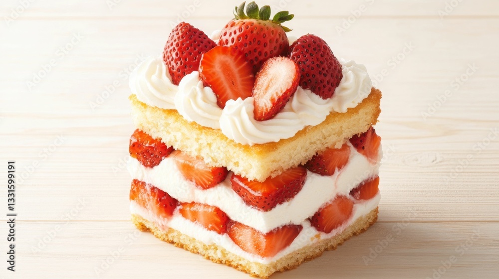 Japanese food Delicious layered cake with strawberries and cream on a wooden table. Food photography macro. Japanese food Delicious layered cake with strawberries and cream on a wooden table. Food photography macro.