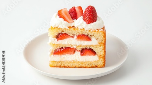 Japanese food Delicious strawberry shortcake slice with whipped cream on a plate. Food photography macro.