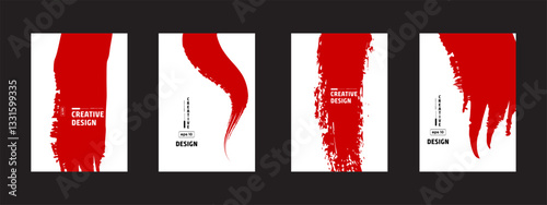 Set of four distinct abstract red brushstroke graphic designs for creative branding, modern covers, social media templates, or dynamic presentations.