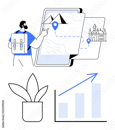 Traveler using tablet to explore destinations with maps and routes, bar chart showing progress, and a potted plant. Ideal for travel, technology, growth, planning, success, exploration progress