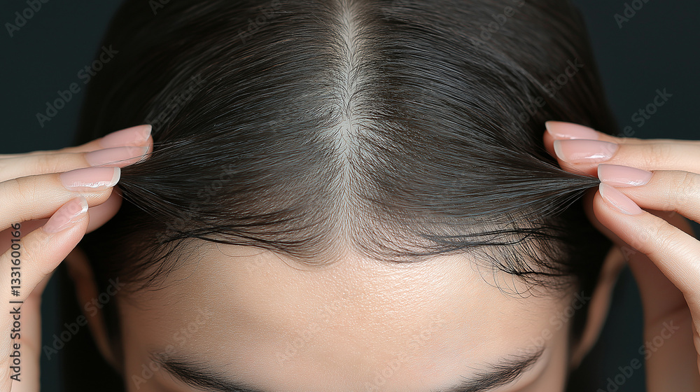 Close-Up View of Hands Pulling Back Wet Hair at the Scalp with a Dark Background Close-Up View of Hands Pulling Back Wet Hair at the Scalp with a Dark Background