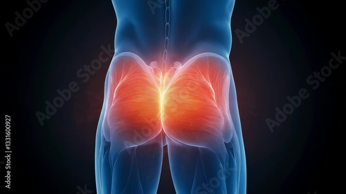 A medical illustration of a man's pain and muscle tension around the anus and buttocks. 3D CG showing the muscular structure of the human body and highlighting inflammation and injury.
