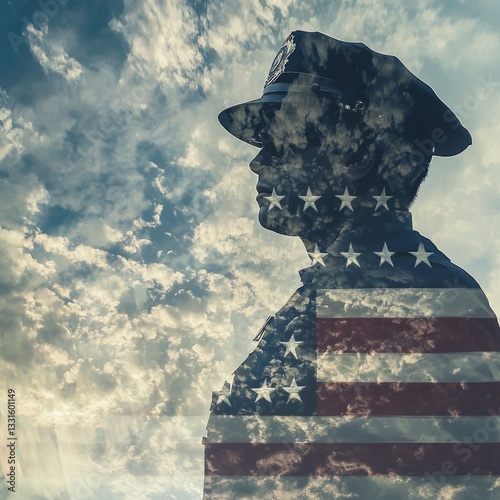 Peace Officer Memorial Day. Double Exposure of Text on American Flag and Cloudy Sky photo
