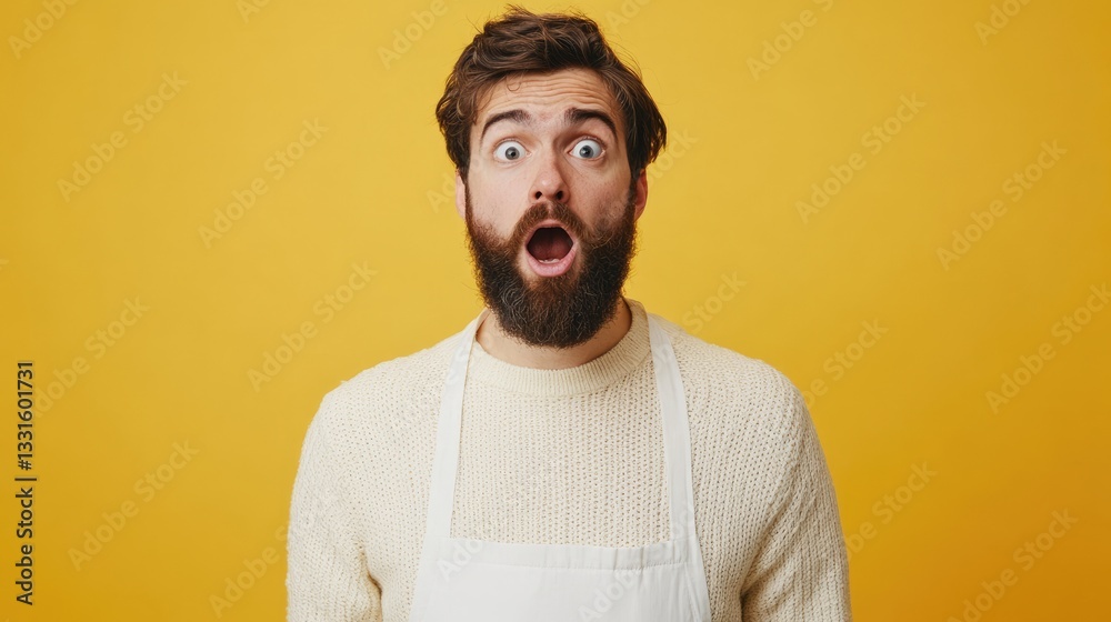 Obraz premium A surprised man with a beard wearing a white sweater and apron against a yellow background