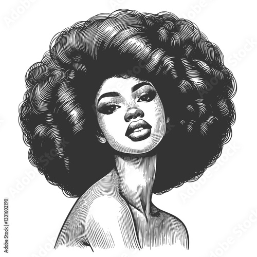 woman with a voluminous afro hairstyle and hoop earrings, exuding strength, beauty, and vintage artistic elegance sketch engraving generative ai vector illustration. Scratch board. Black and white.